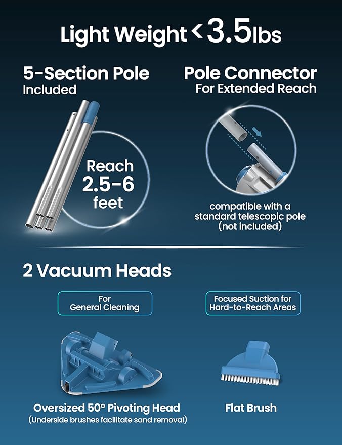 KOKIDO 2025 Cordless Pool Vacuum with 72” Pole, Standard & Fine Interchangeable Filters, Ideal for spot Cleaning, 2 Vac Heads, Spot Clean, for Small Above & Inground Pools, Spas Hot Tubs XV320