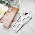 DEVICO Travel Utensils with Case, 4Pcs Korean Chopsticks Fork and Spoon Set | 18/8 Stainless Steel Portable Cutlery Set, Reusable Silverware for Lunch Box/Camping/Work/School, Dishwasher Safe, Pink
