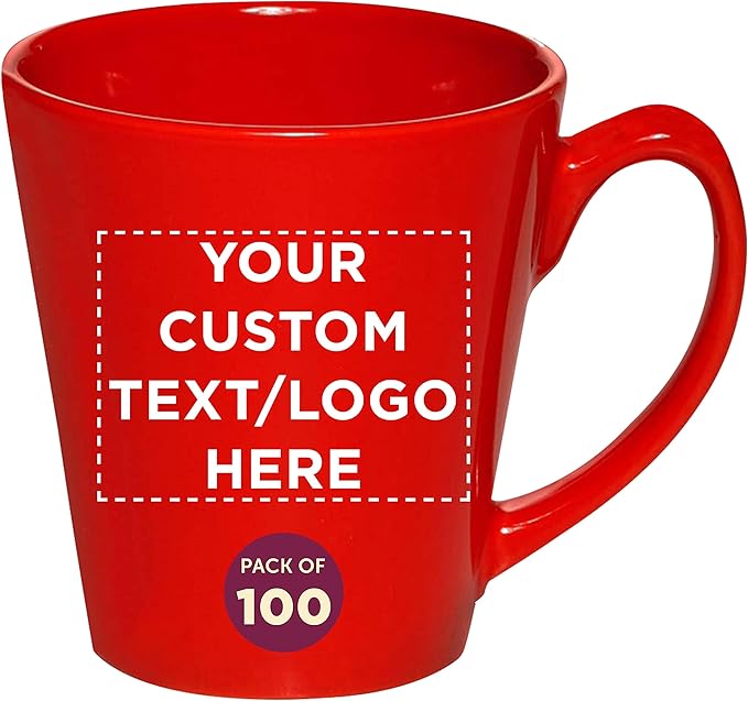 DISCOUNT PROMOS Custom Glossy Ceramic Latte Coffee Mug 12 oz. Set of 100, Personalized Bulk Pack - Perfect for Tea, Espresso, Cappuccino, Hot Cocoa - Red