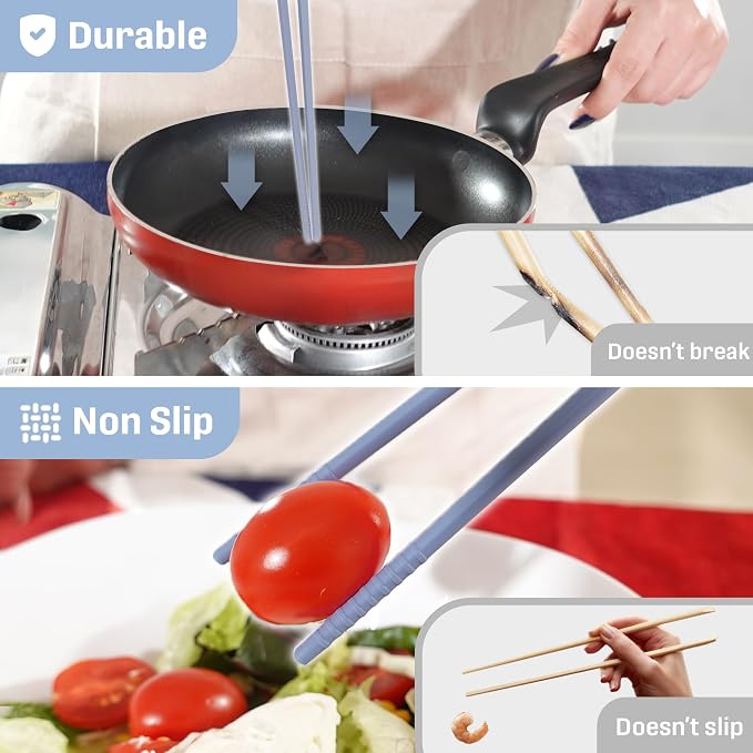 Reusable Long Silicone Cooking Chopsticks with Spoon 12 Inches 2 Pairs Set, Dishwasher Safe, BPA-free Non-Slip, Korean Japanese Kitchen Utensils (Pastel Blue 2 Set)