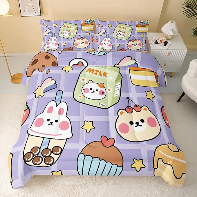 Kawaii Bear Comforter Set for Kids Teens Girls Women,Purple Bear Kids Comforter,1 Comforter with 2 Pillowcase, Microfiber 3 Piece Bedding Set,for All Seasons(Purple，Queen Size)