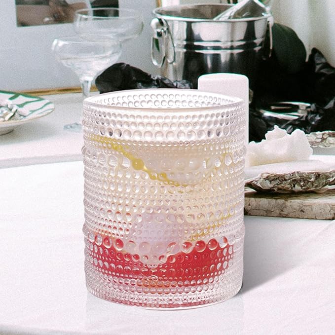 Set of 4 Hobnail Drinking Glasses, 12oz, Vintage Jupiter Drinking Glasses,Embossed Old Fsahioned Glassware for Beer,Water,Juice,Cocktail,Whiskey,Gift (Clear, Small)