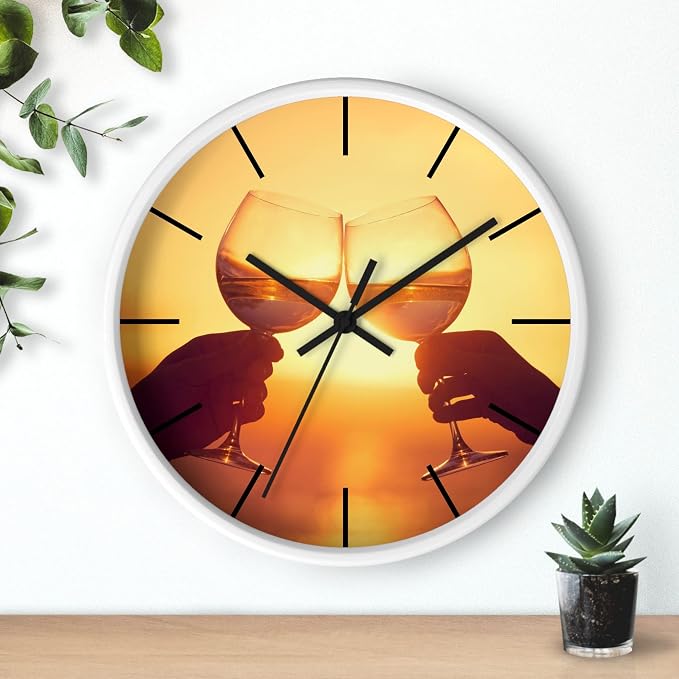 Mozingo ~ Wine Clock for Kitchen Bar Wall It's Wine O'clock Silent Time Gift Home Decor Made In USA, 10" (Hour Marks - Lines, Clock Frame Color - White, Wine Theme #05)