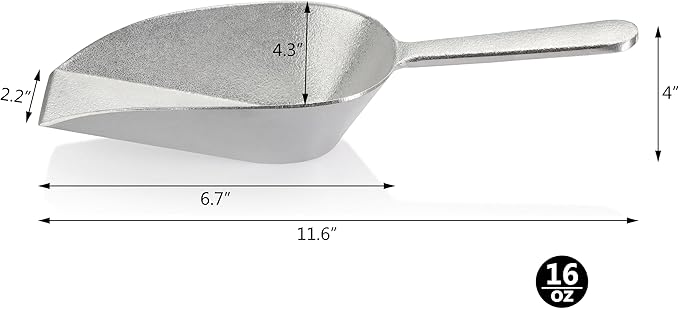 New Star Foodservice 34707 One-Piece Cast Aluminum Flat Bottom Bar Ice Flour Utility Scoop, 16-Ounce, Silver
