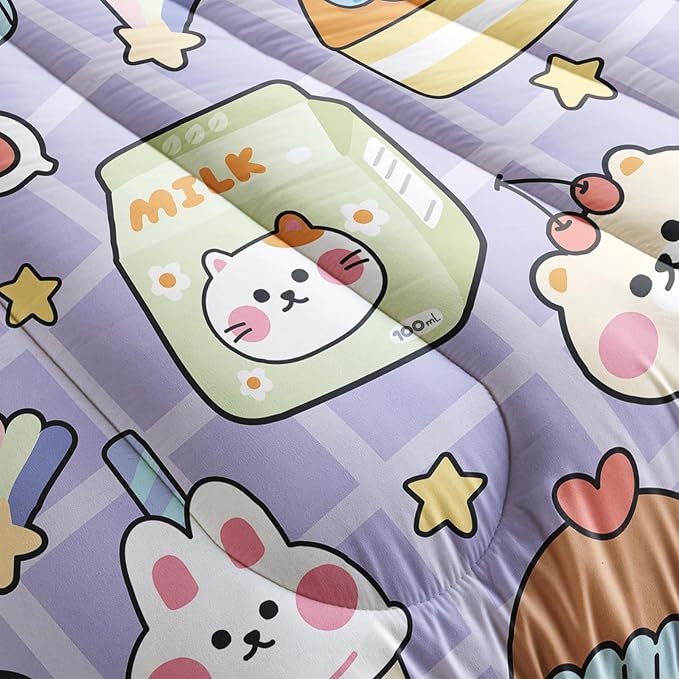 Kawaii Bear Comforter Set for Kids Teens Girls Women,Purple Bear Kids Comforter,1 Comforter with 2 Pillowcase, Microfiber 3 Piece Bedding Set,for All Seasons(Purple，Queen Size)