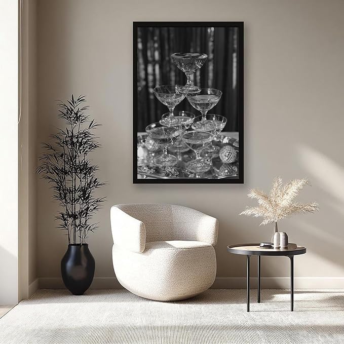 UXCBIA Stacked Champagne Glasses With Mirror Balls, Black And White, Wine Glasses Poster Canvas Poster Bedroom Decor Sports Landscape Office Room Decor Gift Black Frame 16x24in(40x60cm)