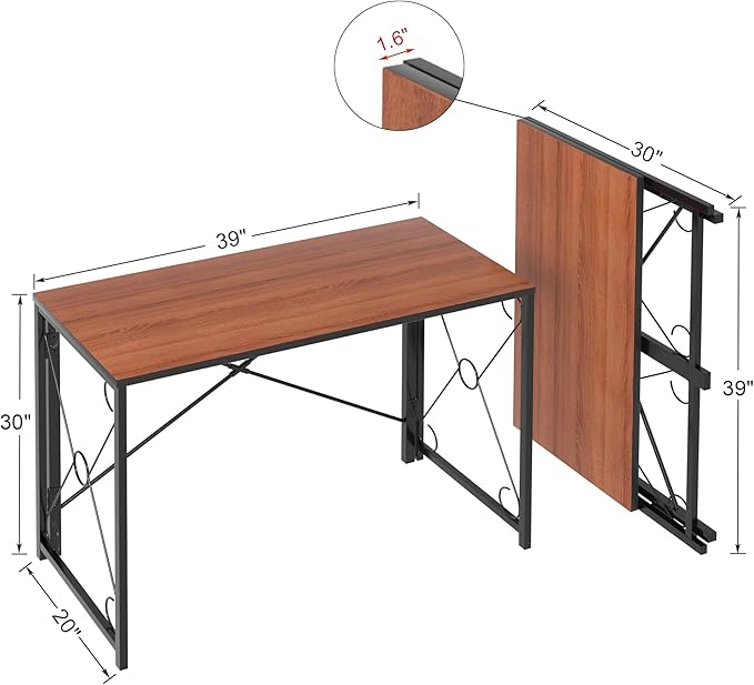 VECELO 39.4" Folding Computer Desk Simple Laptop Table Home Office Workstation for Reading Writing, No Assembly Needed, Small Space, Antique Brown