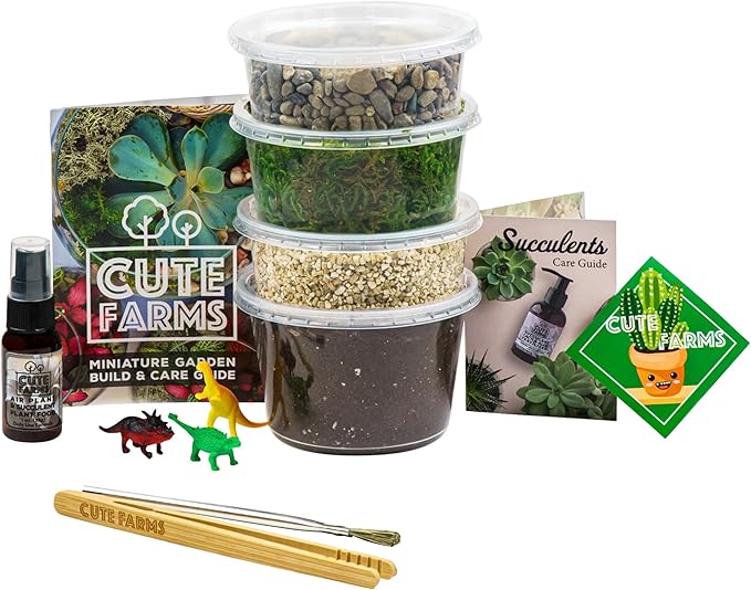 Cute Farms Terrarium Starter Kit | Moss, Vermiculite, Soil, Pebbles, Plant Food, Finishing Tools, Build and Care Guide | DIY Succulent Terrarium for Adults and Kids (Medium)