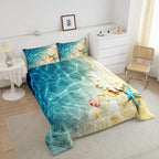 Ocean Comforter Set Twin Beach Bedding Set Coastal Nature Theme Teal Duvet Set Boys Girls Hawaiian Quilt Sets Sea Wave Animals Shell Starfish Reversible Comforter Set 1 Pillowcase, Blue Room Decor