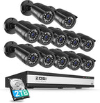 ZOSI 3K Lite 16CH Security Camera System,12pcs Wired 1080P Outdoor Indoor Weatherproof Cameras,AI Human Vehicle Detection,Night Vision,H.265+ 16 Channel CCTV DVR with 2TB HDD for 24/7 Recording