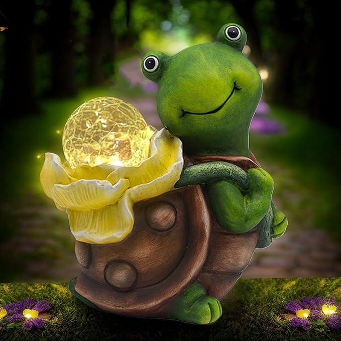 Solar Garden Turtle Statue with LED Light Decorative Cute Turtle Carrying Lantern Design Outdoor Lawn Ornament(Yellow Flower)
