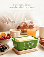 Ceramic Butter Dish with Lid and Knife & Silicone Seal for Countertop Green | Suitable Capacity, Great Sealing, Home Decor Kitchen Gift Housewarming Gift