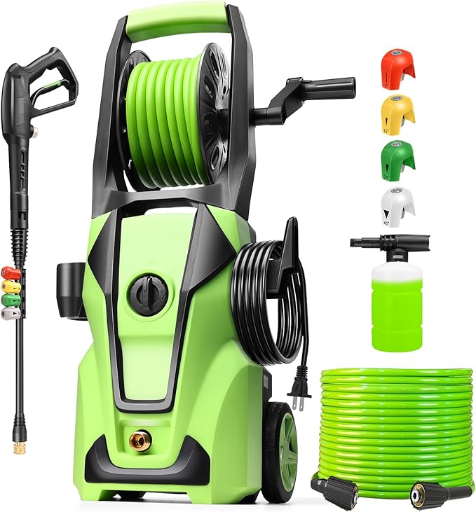 Electric Pressure Washer Adjustable 5000PSI 4.0 GPM Power Washers Electric Powered with 33ft Hose Reel, 4 Nozzle and Foam Cannon, Powerwashers Cleaner Machine for Home, Cars, Patio, Green