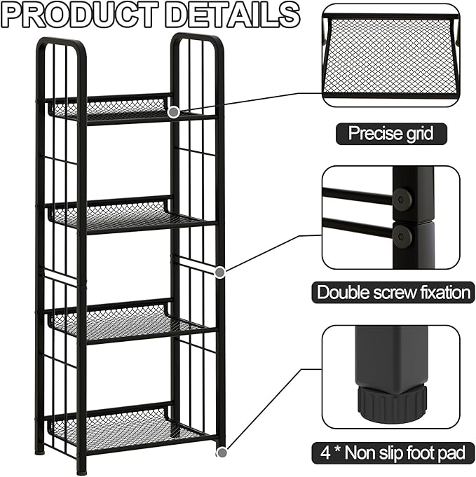 Bookshelf Storage Shelf Bookcase Freestanding Storage Stand Book Organizer for Living Room, Bedroom, Kitchen, Rust Resistance,Easy Assembly Multi-Functional Organizer (4 Tiers, Black)