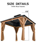 GAOMON Hardtop Spruce Wood Gazebo 12'x12', with Double Roof of Metal Sheets, 4.7'' Heavy Duty Poles, Gray Net, and Curtain, Permanent Building for Patio, Deck, Backyard, Lawn, and Garden, Khaki