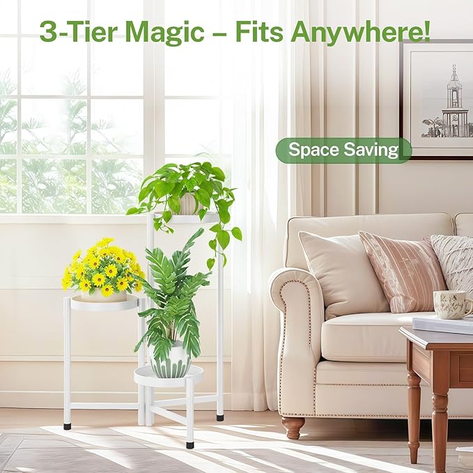 iDavosic.ly Plant Stand Indoor Outdoor, 3 Tier Corner Metal Flower Display Holder Shelf, Folding Tall Orchid Rack for Patio Balcony Porch Garden Living Room House, White