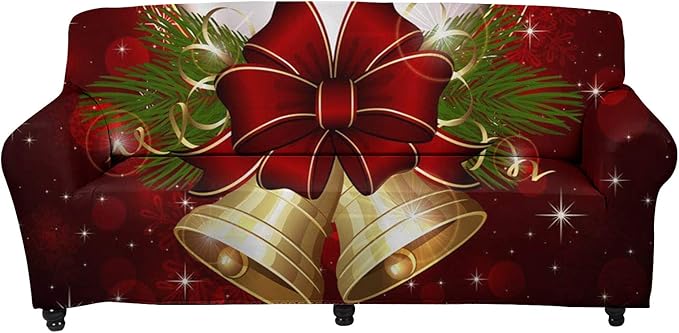 FKELYI Stretch Sofa Slipcover-Christmas Theme Jingle Bell Print Soft Couch Sofa Cover Furniture Protector Modern Home Decorations,Non Slip Soft Couch Sofa Cover for Women Mens-M