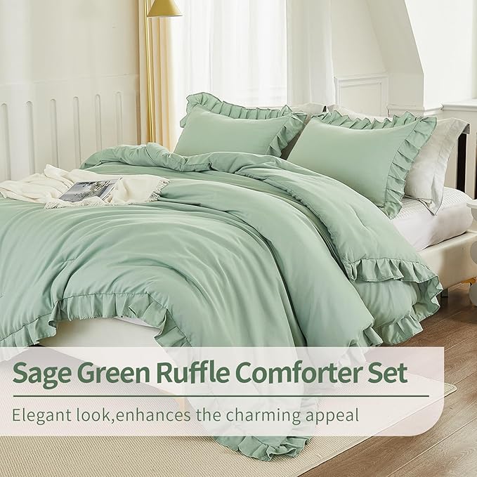 Andency Sage Green Comforter Set King, 3 Pieces Vintage Farmhouse Shabby Chic Ruffle Comforter, Lightweight Soft All Season Microfiber Down Alternative Bedding Comforter Set (104x90Inch, Green)