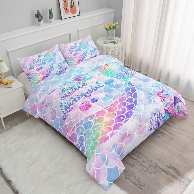 Datura home Bedding Comforter Set Rainbow Purple Mermaid Tail Printed Comforter Set with 1 Comforter and 2 Pillowcases for Girls Bedroom All Season(Rainbow Purple Twin)
