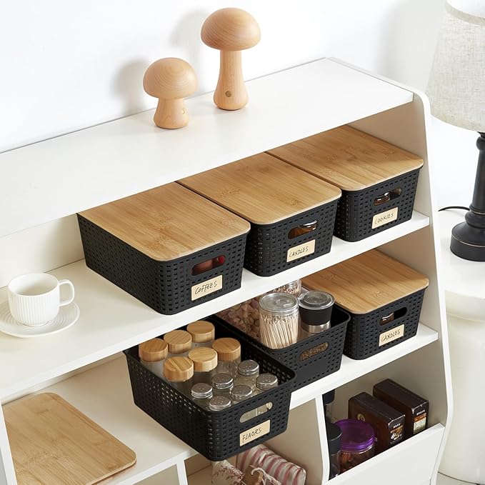 Small Plastic Storage Bins with Bamboo Lids 5.2qt Stackable Box Basket Pantry Decorative Containers Cute with Lable for Organizing Desktop Closet Office Black of 6 packs 10 * 7.2 * 4.1'’