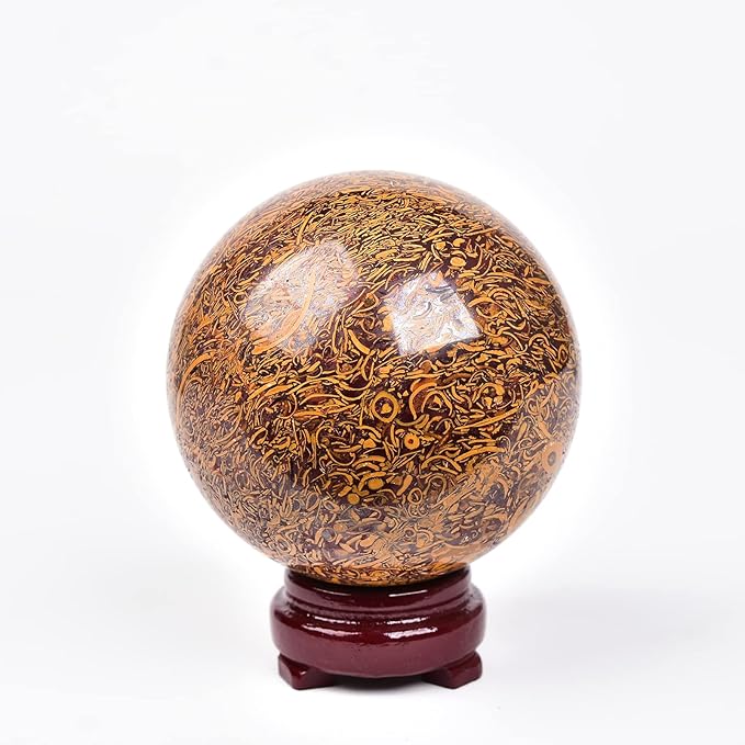 JIC Gem Real Natural Large Crystal Sphere Ball with Wooden Stand for Fengshui Golden Jade Healing Crystal Ball Decoation Meditation Energy Reiki Ball (100-110mm), 4-4.5inch