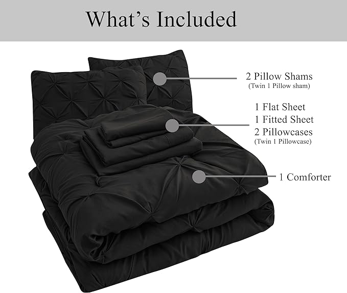LANE LINEN Bedding Comforter Set for Split King Mattress, Soft 8 Piece Split King Bed in a Bag with 1 King Comforter, 1 King Size Flat Sheet, 2 Twin XL Fitted Sheets, 2 Pillowcases & 2 Shams - Black