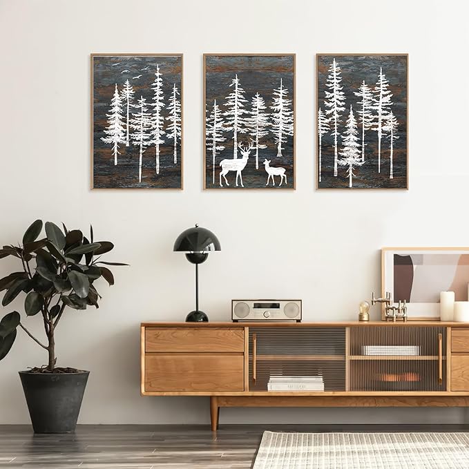 Modern White Forest Framed Canvas Wall Art Set, Minimalist Woodland Art Painting, Retro Tree Landscape Wall Decor, Wildland Deer Artwork for Living Room, Dining Room, Office - 16"x24"x3