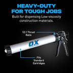 OX Pro Sausage Caulking Gun - 20 oz - 12:1 Thrust Ratio | Heavy duty dual-use sealant gun, standard tube and sausage pack compatible, tool-free conversion, integrated cartridge cutter