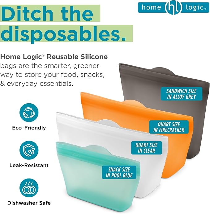 Home Logic Reusable Snack Bags - Set of 6 Clear Silicone Freezer Bags, Airtight Leak Resistant Reusable Zip Bags for Kitchen Home Food Prep, Microwave & Sous Vide Safe