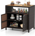 Tangkula Rattan Outdoor Storage Cabinet, Patiojoy Outdoor Cabinet with Acacia Wood Countertop, Open Compartment, 2-Door Wicker Sideboard, Outdoor Bar for Patio Garden Backyard Poolside (Mix Brown)