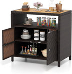 Tangkula Rattan Outdoor Storage Cabinet, Patiojoy Outdoor Cabinet with Acacia Wood Countertop, Open Compartment, 2-Door Wicker Sideboard, Outdoor Bar for Patio Garden Backyard Poolside (Mix Brown)