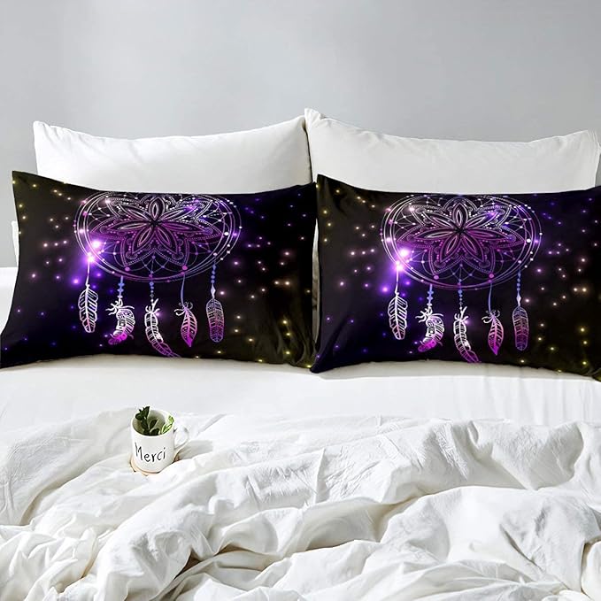 Erosebridal Dream Catcher Feather Comforter Set, Bohemian Mandala Down Comforter Twin Size for Kids Girls Boys, Starry Sky Galaxy Bedding Set Boho Tie Dye Exotic Flower Quilted Duvet, Purple