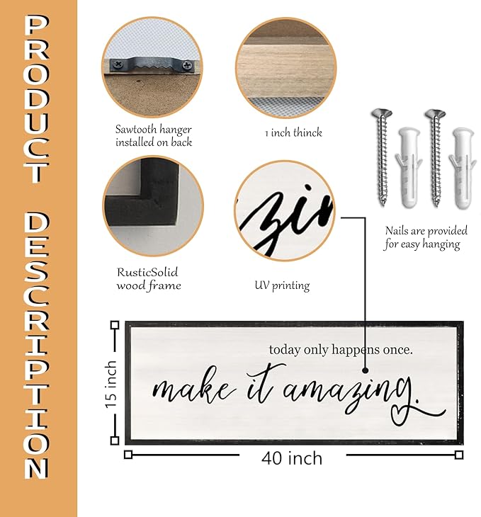 RLWangChao Today Only Happens Once Make It Amazing Wall Art Decor 40x15 Inch Large Inspirational Quote Sign Rustic Living Room Vintage Wood Frame Office Motivational Home Wall Hanging (Black)
