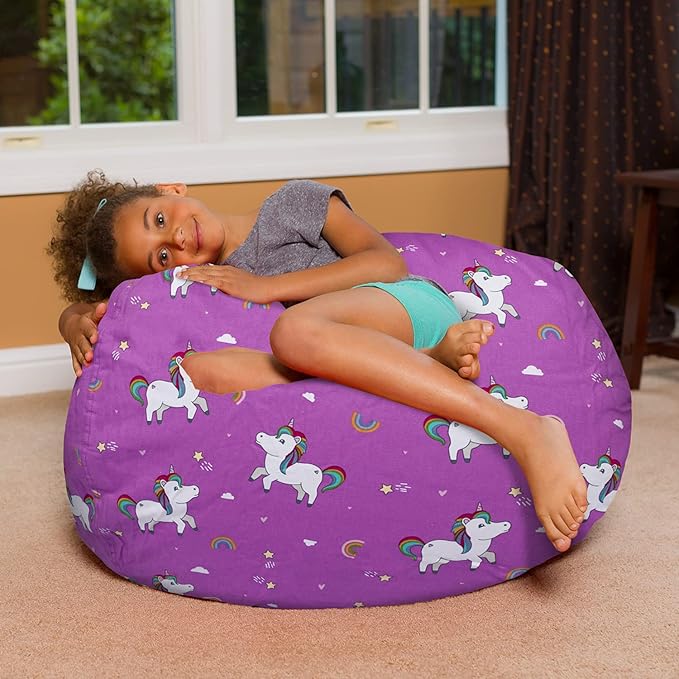 Posh Creations Bean Bag Chair for Kids, Teens, and Adults Includes Removable and Machine Washable Cover, 38in - Large, Canvas Unicorn and Rainbows on Purple