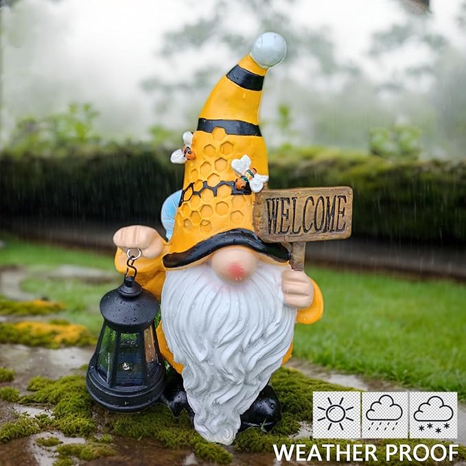 Gnome Garden Statues with Solar Lights Outdoor Gnomes Sculpture Yard Patio Decor for Lawn Ornaments Gardening Gifts（Bee Gnome