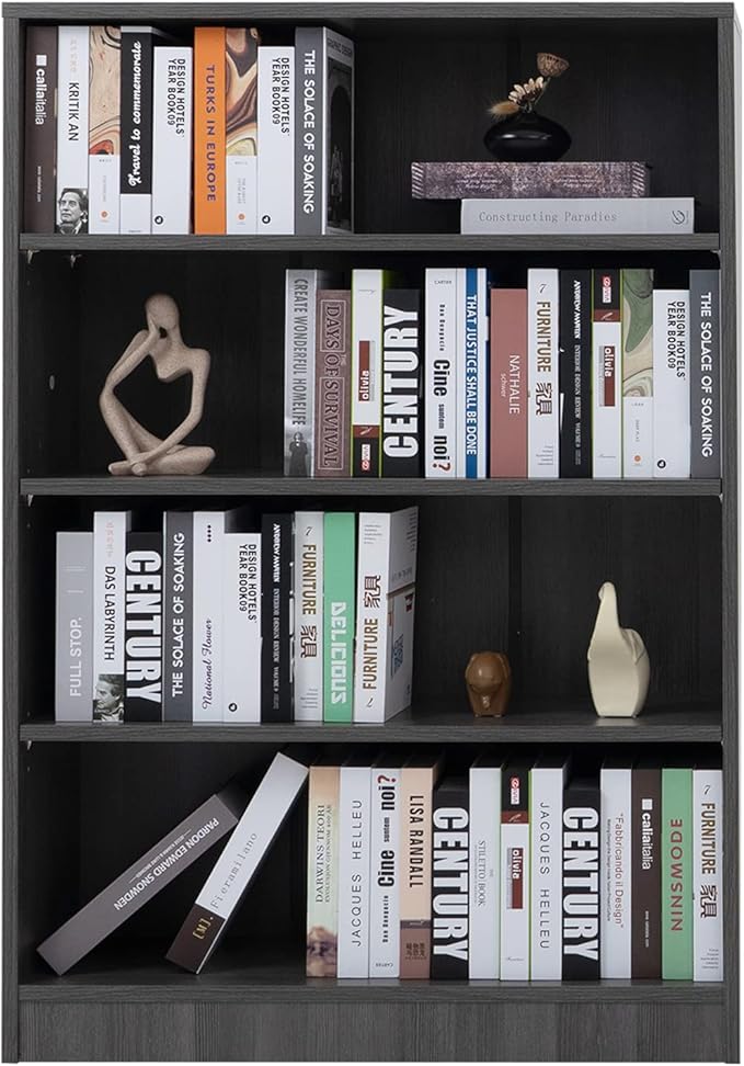 Farini Grey Bookshelf for Bedroom 4 Shelf Office Bookcase 48 Inches Tall Modern Wood Bookshelf for Living Room 4 Tier Wide Manga Bookshelf Library Bookcase