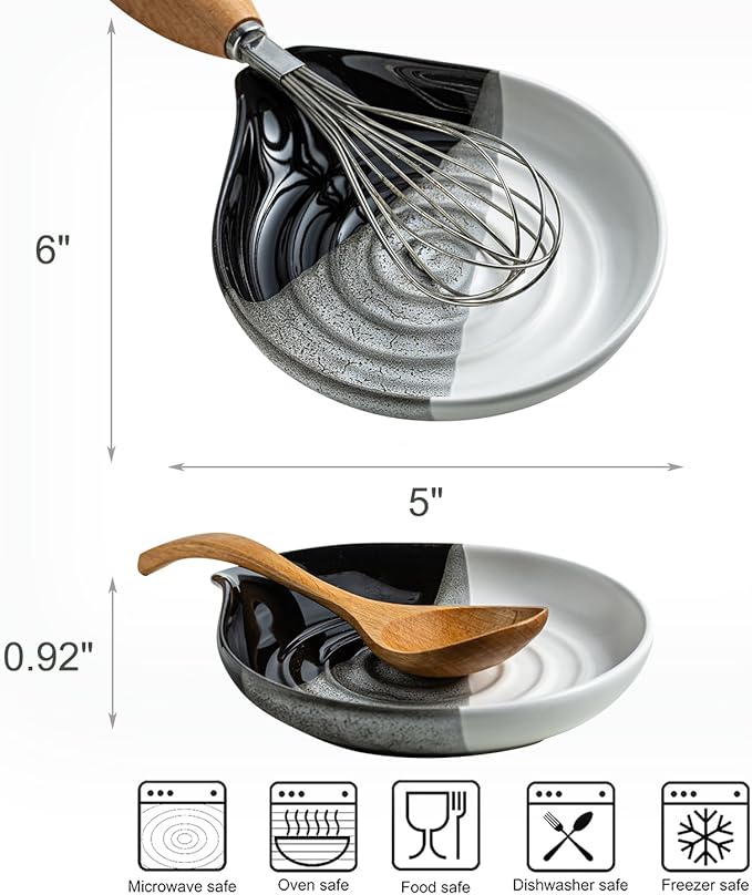 Large Ceramic Spoon Rest for Stove Top and Kitchen Counter, No Mess | Heat-Resistant Spoon Holder for Cooking Utensils, Spatula and Ladles | Nonstick, Dishwasher Safe, Cute Design, Gradient Black