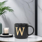 COLLECTIVE HOME - Monogram Ceramic Mugs, 15 oz Golden Initial Black Coffee Cups, Elegant Alphabet Tea Mugs, Elegant Personalized Mug with Gift Box, Unique Mug with Double Side Capital Lette (W)