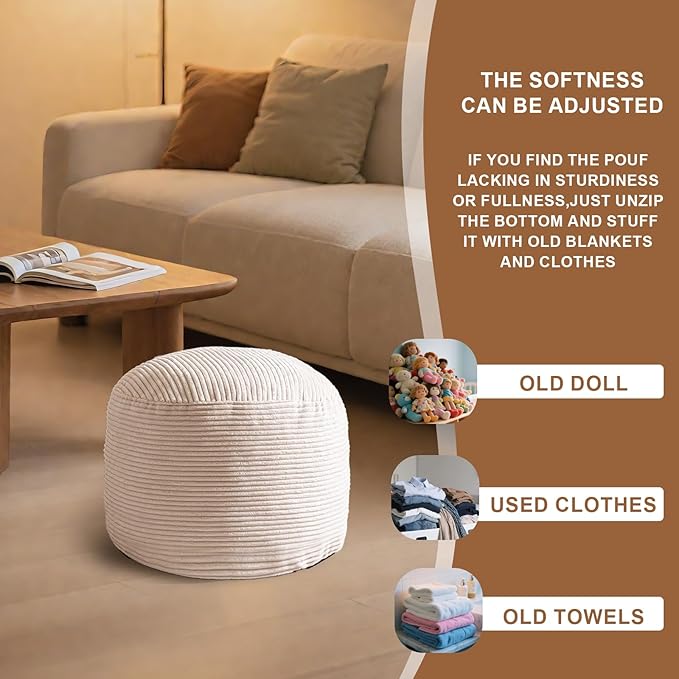 Round Stuffed Pouf Ottoman, Foot Stools Ottoman,Corduroy Poufs with Foam Chunk Filling, Furry and Fluffy Storage Ottomans, 20 X 15 Floor Poufs Foot Rest for Living Room