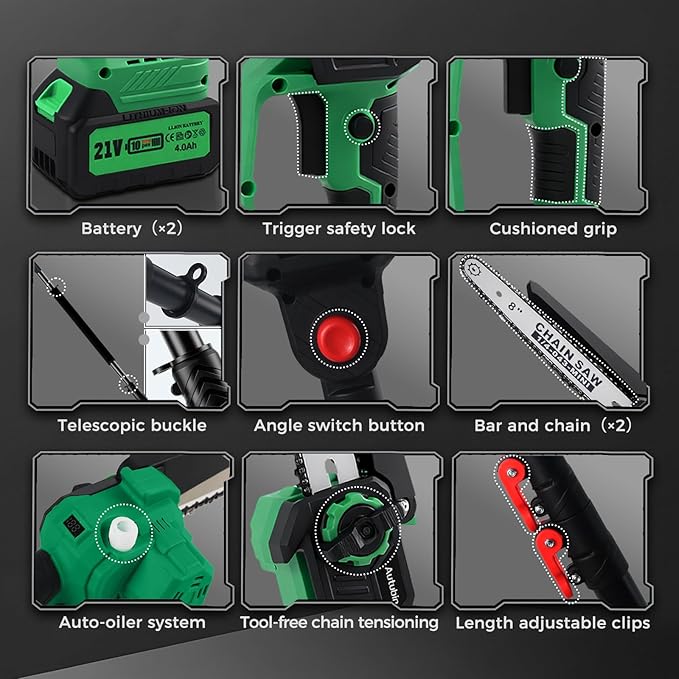 2-in-1 Electric Pole Saw for Tree Trimming, Cordless Pole Saw & 8'' Mini Chainsaw with Extension Pole, 2*21V 4.0 Ah Electric Handheld Chain Saw with Rechargeable Batteries for Wood Ranger,Senior,Women