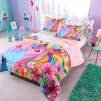 Cute Unicorn Comforter Sets 3pc Pink Flower Girl Colorful Unicorn Bedding Sets Soft Girls Unicorn Rainbow Comforter Sets