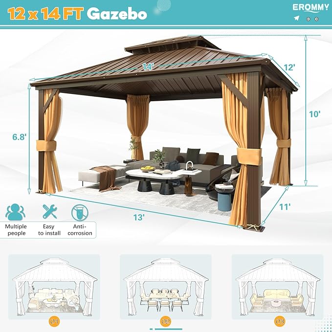 EROMMY 12' x 14' Hardtop Gazebo, Aluminum Frame Gazebos with Galvanized Steel Double Roof, Permanent Outdoor Metal Pavilion with Curtain and Netting for Patio, Lawn, Deck