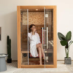 2 Person Infrared Sauna Room with Red Light Therapy, Wood Indoor Saunas Spa with WiFi Control, Oxygen Bar, Speaker, Backrest, 1800W/220V, Ideal Sauna for Gym, Home (Canadian Hemlock)