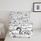 Erosebridal Gaming Comforter Set, Kids Gamepad Cartoon Bedding Set Full,Video Games Gamers Duvet Set Hip Hop Graffiti Quilt Set Racing Car Comforter Set, Black White Printed Bedroom Decor