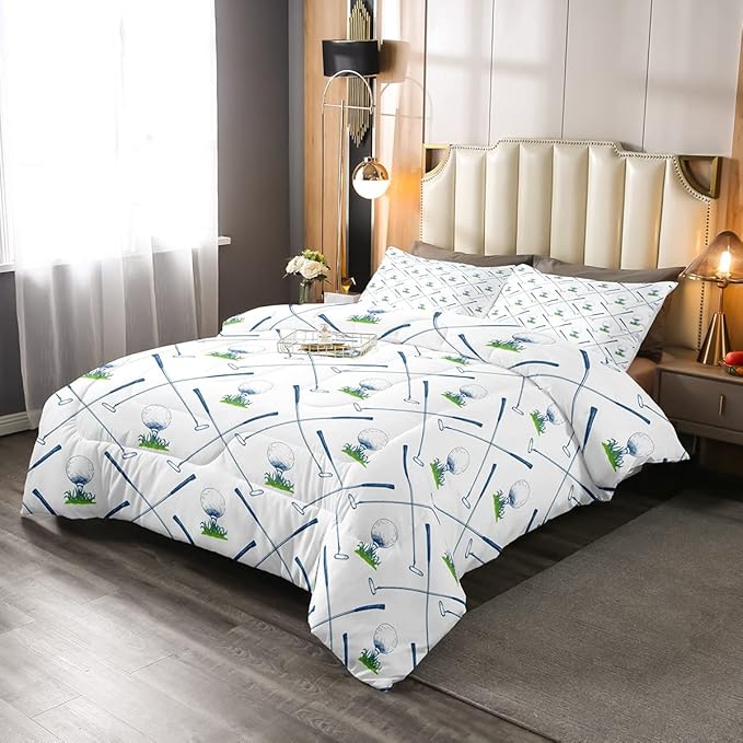 Erosebridal Golf Comforter Set Full Size Golf Club Bedding Set Sport Game Athlete Grass Leaf Branches Down Comforter for Men, Room Decorative 3 Pieces Comforter with 2 Pillow Cases, White
