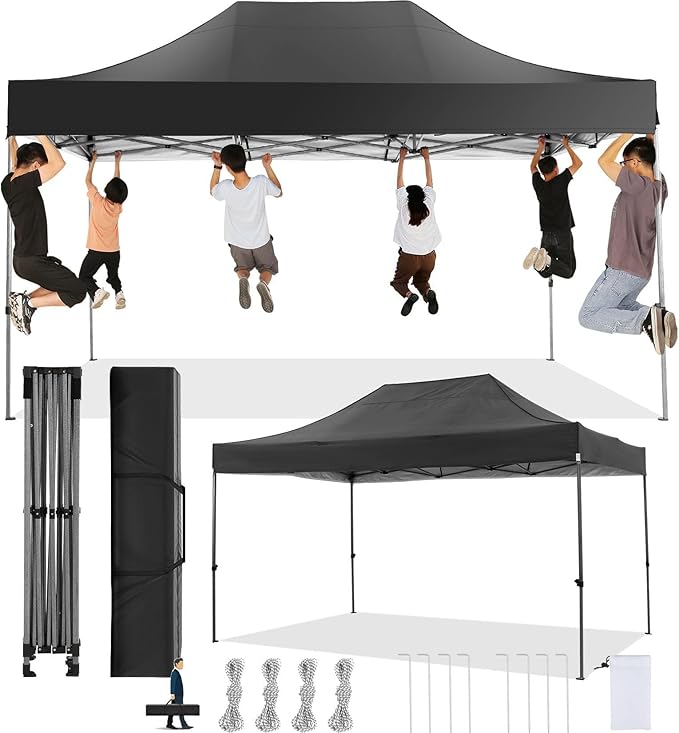 COBIZI 10x15 Pop Up Canopy Without Sidewall,Heavy Duty Canopy UPF 50+ All Season Wind Waterproof Commercial Outdoor Wedding Party Tents for Parties Gazebo with Carry Bag(10 x 15 ft Black)