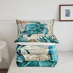 Turtle Bedding Teal Turtle Comforter Set Turquoise Ocean Themed Mediterranean Style Printed Design Ocean Turtle Down Comforter Quilted Duvet Set Full Size 1 Comforter 2 Pillowcases (Full, Turtle)