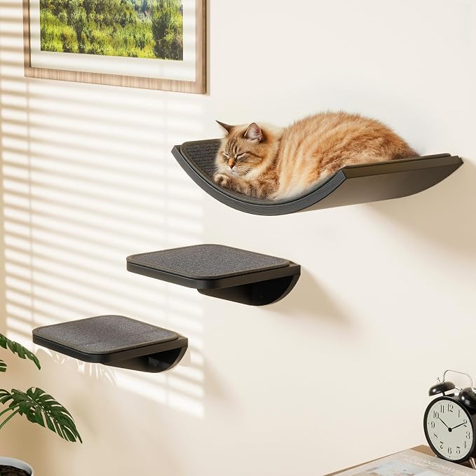 Cat Wall Shelves for Large Cats Set, Grey Curved Wall Sisal Bed and 2 Floating Wall Sisal Steps, Wall Mounted Climbing Shelves for Sleeping, Playing, and Lounging