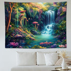 keowhsf Forest Waterfall Tapestry with Mushrooms and Flowers – Colorful Floral Plants Natural Landscape Wall Art, Fantasy Aesthetic Wall Hanging for Bedroom Decor