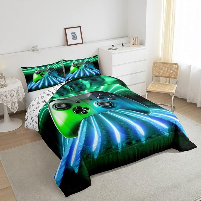 Erosebridal Green Blue Gamepad Comforter Set, Game Player Bedding Set Twin Size Modern Gamer Gaming Quilted Duvet Neon Trippy Duvet Set for Kids Boys Girls Teens Young Man Room Decorative